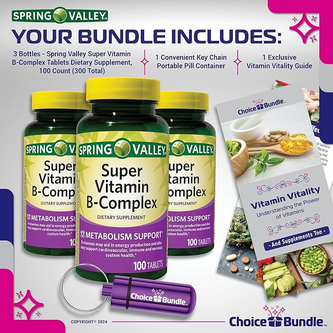 Spring Valley Super Vitamin B-Complex Tablets Metabolism Support 100 Ct 3 pk (300 Total) + Vitamin Vitality &amp Pill Container (5 Items)!
