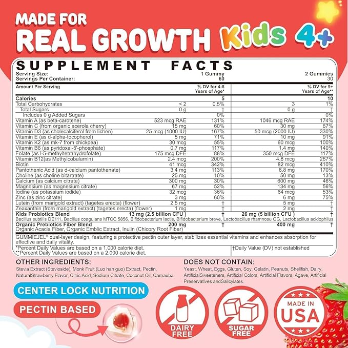 Kids Multivitamin Gummies + Calcium Probiotics Vitamin D3 C Methylated B12 &amp Methylfolate B6 A K2 E Zinc Prebiotics for Children Ages 4+ Clean &amp Sugar Free for Nutritional Support
