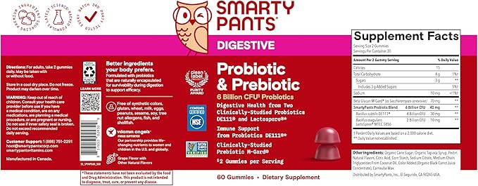 SmartyPants Adult Probiotic &amp Prebiotic Gummies for Digestive Health: 6 Billion CFU Gut Health Supplement Clinically Studied Prebiotic for Immune Support Grape 60 Count (30 Day Supply)