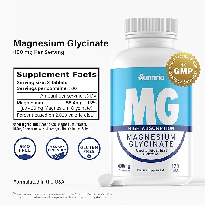 Magnesium Glycinate Supplement - 400mg per Serving - High Absorption Supports Muscle Heart Health Sleep and Relaxation* - Non-GMO Gluten-Free Vegan-Friendly - 120 Tablets