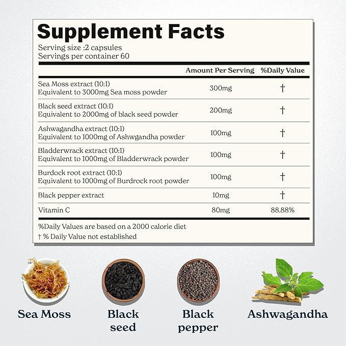 3000mg Iris Sea Moss 2000mg Black Seed Oil 1000mg Ashwagandha 1000mg Burdrock Root 1000 mg Bladderwrack with Black Pepper &amp Vitamin C |Vitality &amp Energy Support | All-in-one supplement| Pa