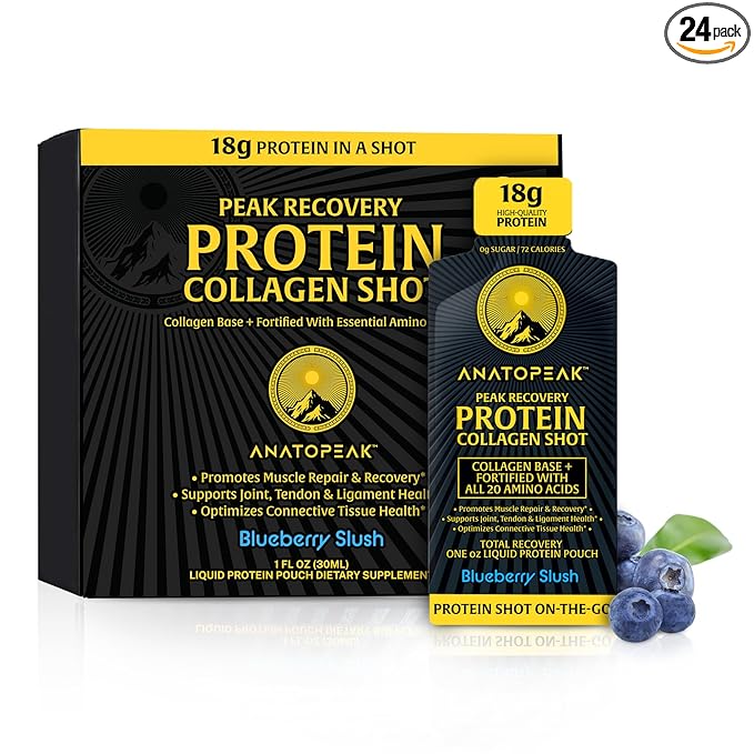 Peak Recovery Protein Collagen 1oz Shot Easy Protein Shots Protein Shots Liquid Collagen Collagen Peptides Protein Drinks 24 Ct Pouches Per Box (Natural Blueberry)