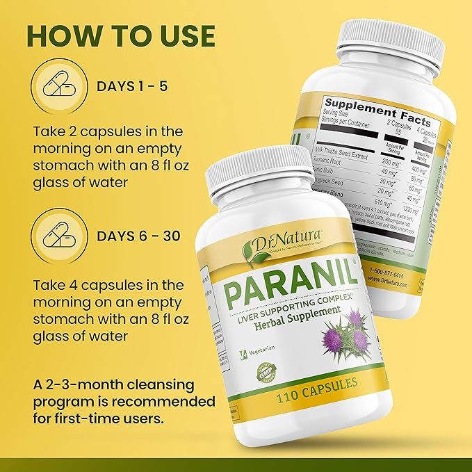 DrNatura Paranil® Liver &amp Colon Cleanse - 17 Herbal Complex with Milk Thistle for Detoxification 110 Vegetarian Capsules