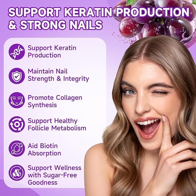 Sugar Free Biotin Hair Skin &amp Nails Gummies Supports Healthy Hair Skin and Stronger Nails with Vitamin C Zinc Chewable Vitamin B7 Supplements for Women &amp Men Vegan Non-GMO Grape 120 C