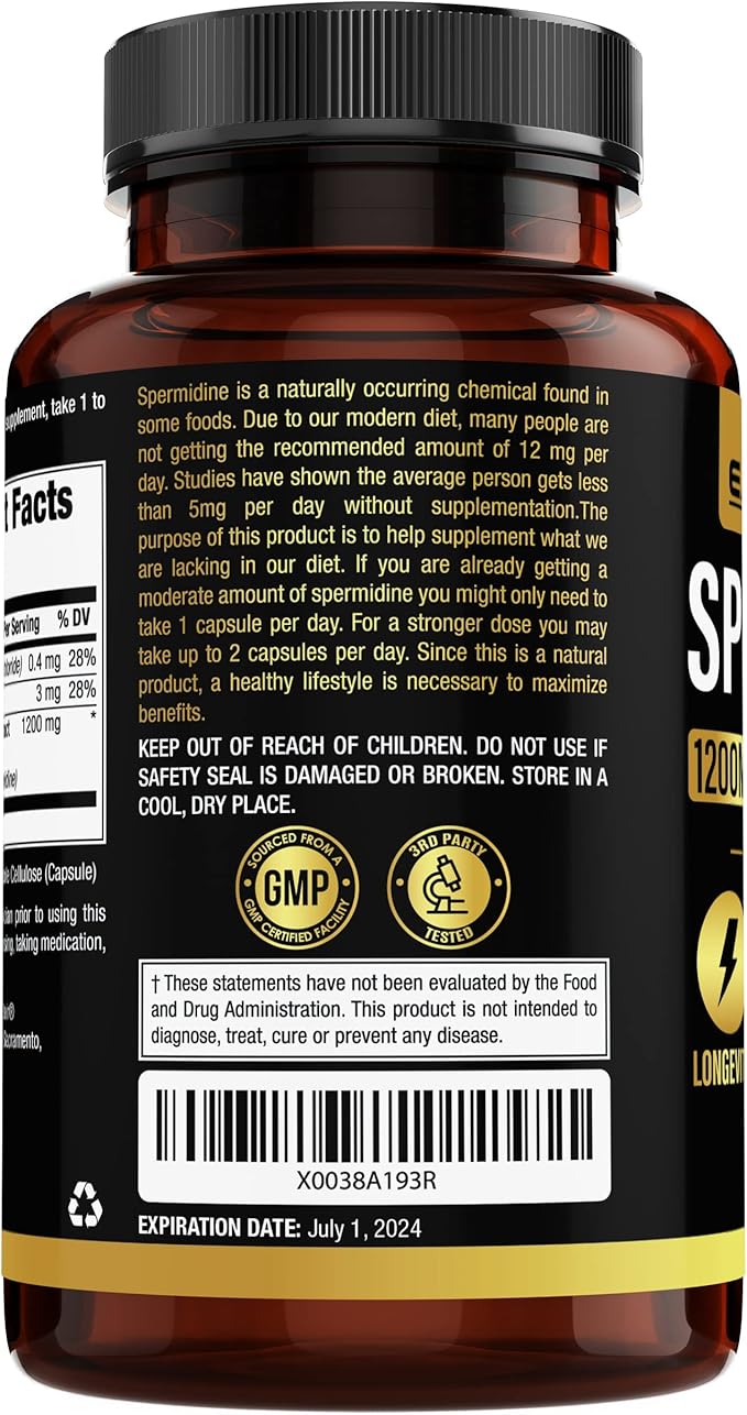Earth Elixir Spermidine Supplements 1200mg (90 Capsules) – Anti Aging - 3rd Party Tested (12mg Spermidine Powder) Max Purity - 100% Pure Espermidina- Fermented Wheat Germ Extract - NMN Alternative