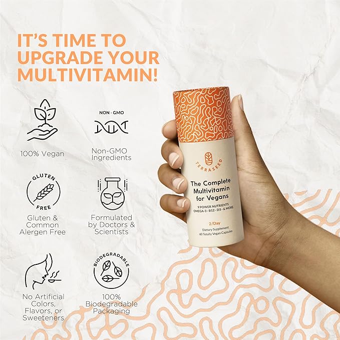 Complete Vegan Multivitamin with Iron Omega 3 Vitamin D3 Folate Zinc Vitamin B12 &amp More - 100% Sustainable Vegan Vitamins - Non-GMO Gluten Free Made in The USA (30 Day Supply)