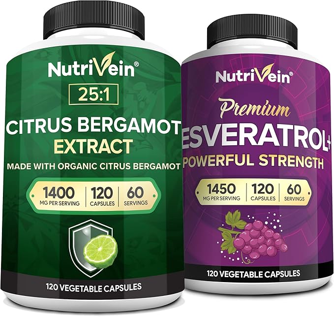 Nutrivein Premium Citrus Bergamot &amp Resveratrol Supplement Bundle: Resveratrol &amp 25:1 Citrus Bergamot Supplement for Vitality Repair &amp Circulatory Wellness