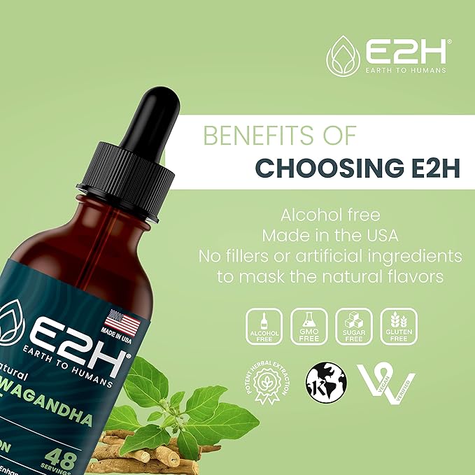 E2H Ashwagandha Liquid Drops - All-Natural Ashwagandha Supplement for Stress Relief and Mood Enhancer- Organic Ashwagandha Root Extract Effective Cortisol Manager | Non-GMO Vegan | 2 Fl Oz