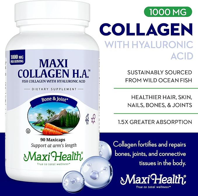 Maxi Health Marine Collagen Pills – 1000 mg Type 1 Collagen for Women &amp Men with Hyaluronic Acid Supplement for Joint &amp Skin Support – Unflavored Clean Kosher Capsules (90 Maxicaps)
