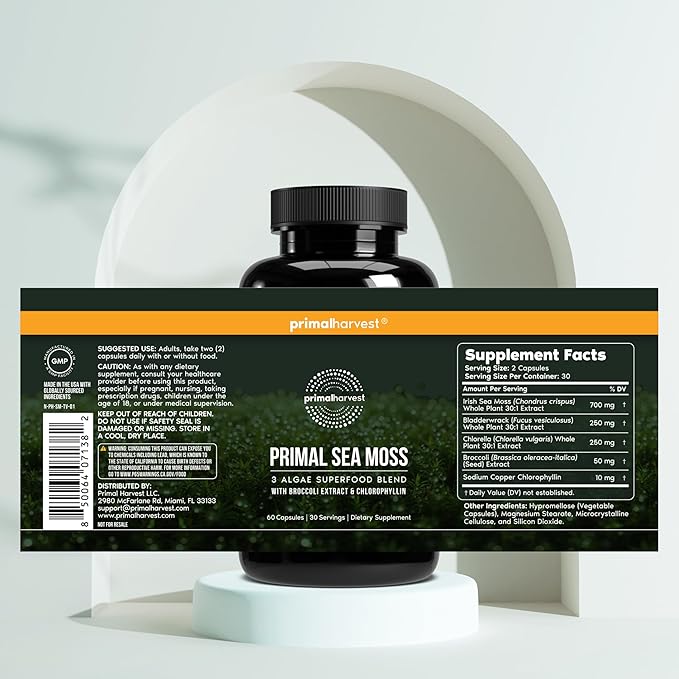 Primal Harvest Sea Moss Capsules with Bladderwack and Irish Sea Moss Chlorella Broccoli Seed Extract Plant-Based Supplements for Adults