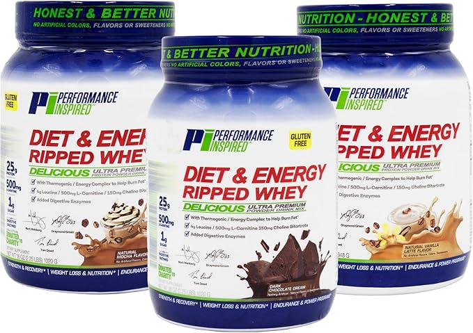 Performance Inspired Nutrition Diet &amp Energy Ripped Whey Protein – 25G Protein – 4G Leucine – L-Carnitine – Green Tea Extract – Dark Chocolate Dream – 2.3lb