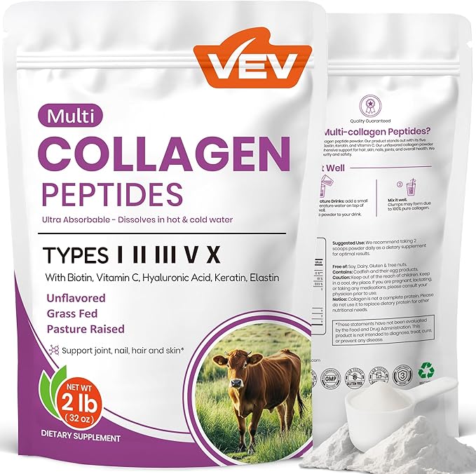 VEV Multi Collagen Peptides Powder with Types I II III V X 32 oz (82 Servings) - Skin Joint &amp Hair Support - Hydrolyzed Collagen Powder for Women Biotin Vitamin C Unflavored Dissolves Ea