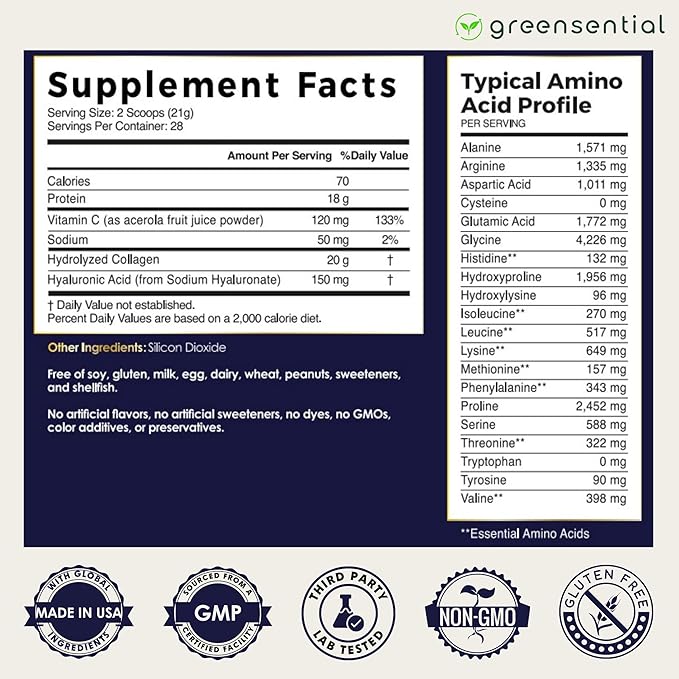 Collagen Peptides Plus Powder 21 Oz | + Vitamin C &amp Hyaluronic Acid | 100% Hydrolyzed Grass-Fed | Hair Skin Nail &amp Joint Support | 3rd-Party Tested Easy-Mix Unflavored 28 Servings