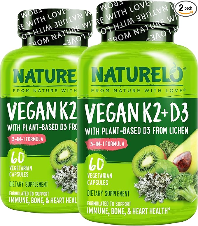 NATURELO Vitamin D3 K2 - Vegan K2+D3 with Plant Based D3 from Lichen - Natural D3 Supplement for Immune System Bone Support Heart Health - Whole Food - Non-GMO - Gluten Free 60 Capsules (Pack of 2)