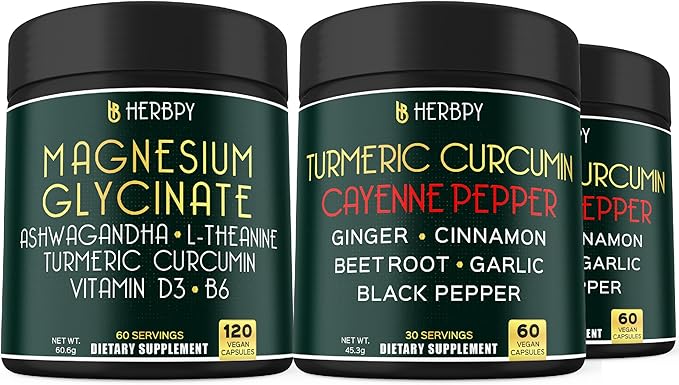 Bundle 6in1 Magnesium Glycinate Supplement &amp 2-Pack 7in1 Turmeric Curcumin Supplement