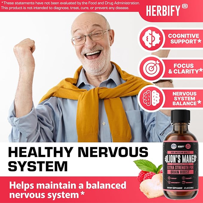 HERBIFY Lions Mane Supplement - Daily Mushroom Supplement for Memory Focus &amp Clarity - Brain Booster - Lions Mane Tincture for Natural Immune Support - 4 Fl Oz Raspberry Flavor