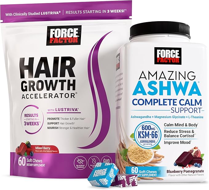FORCE FACTOR Hair Growth Accelerator Soft Chews Lustriva &amp Biotin to Promote Thicker Stronger Fuller Hair Hair Growth Vitamins for Women + Amazing Ashwa Complete Calm with KSM-66 Ashwagandha
