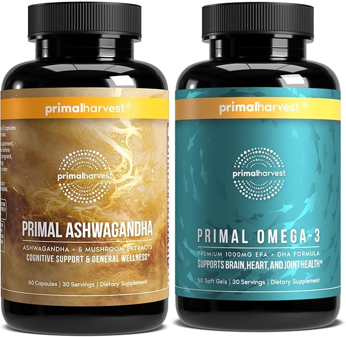 Primal Harvest Daily Two-Step Routine | Ashwagandha + Omega 3 | 2 Pack | 30 Day Supply