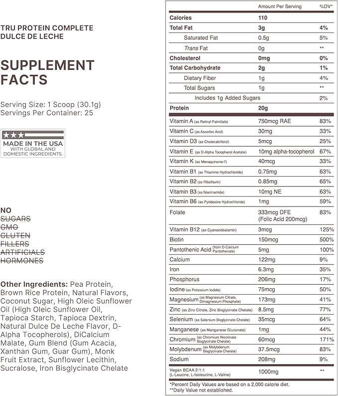 TRU Supplements Plant Based Protein Powder BCAA EAA 20g Vegan Brown Rice &amp Pea Protein 100 Calories 27 Vitamins No Artificial Flavors 25 Servings 25 Servings (Dulce De Leche)