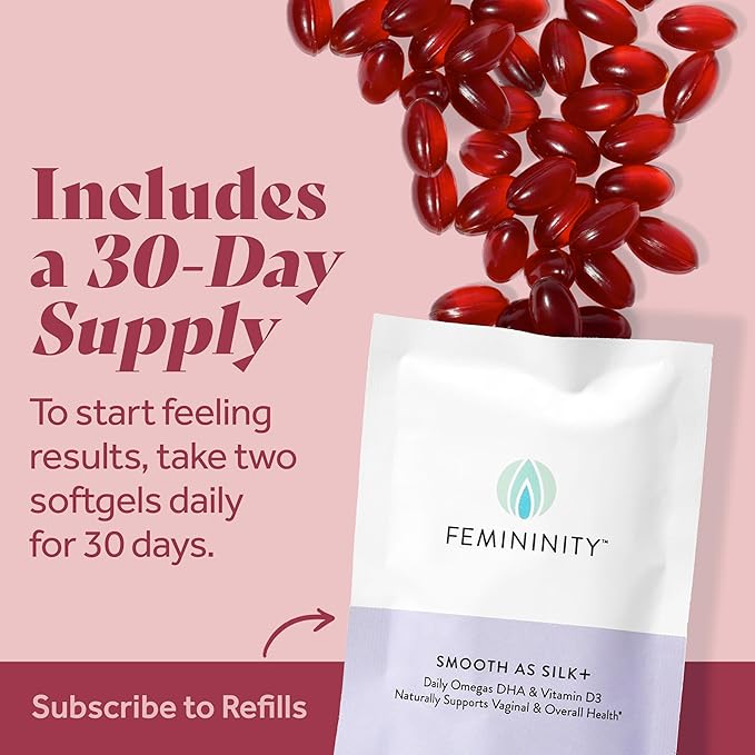 Femininity Smooth as Silk+ 30-Day Refill for Vaginal Dryness (60 Softgels) – Blend of Sea Buckthorn Oil Vitamin D3 and Plant-Based Omega-3 DHA
