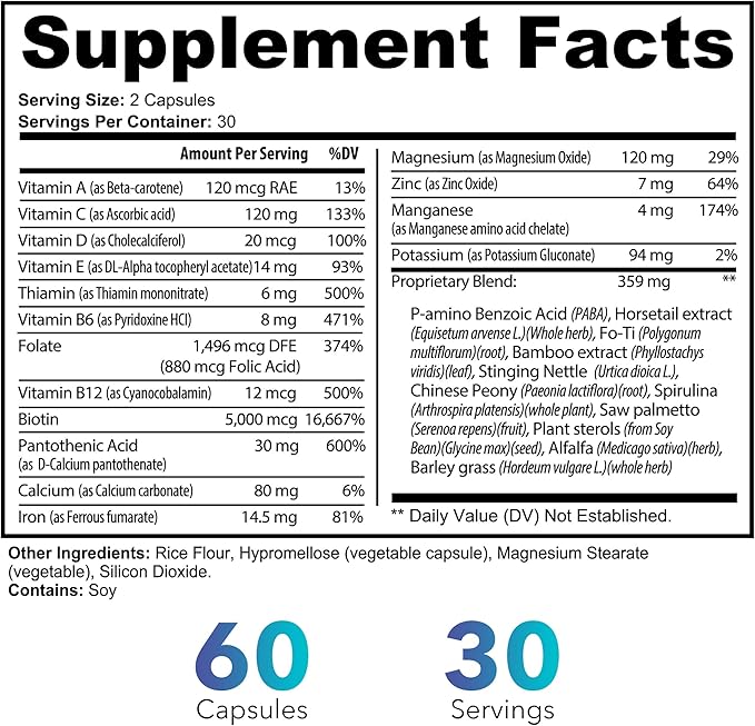 Hair Skin and Nails Vitamins – Biotin + Fo-Ti Bamboo &amp Horsetail Extracts + PABA – Herbal Beauty Complex for Hair Growth Radiant Skin &amp Strong Nails – 60 Vegan Capsules