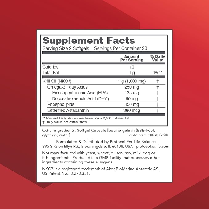 PROTOCOL FOR LIFE BALANCE Krill Oil 1000mg - Extra Strength Krill Oil Supplement - DHA &amp EPA - with Astaxanthin - Support Heart Brain Joints - Non-GMO &amp Halal - 60 Softgels