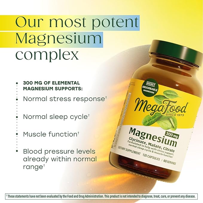 MegaFood Magnesium Glycinate Citrate &amp Malate 300mg Supplement - Highly Absorbable Blend to Support Heart Nerve Health &amp Relaxation Triple Magnesium Complex Supplement 120 Capsules (60 Ser