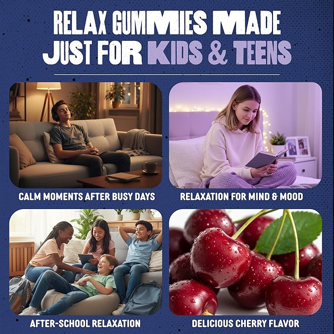 SAM+LEO Relax Gummies with Valerian Lemon Balm &amp Chamomile for Kids &amp Teens – Stress Relief &amp Relaxation Support – Vegan &amp Gluten Free Cherry Flavor (60 Count)