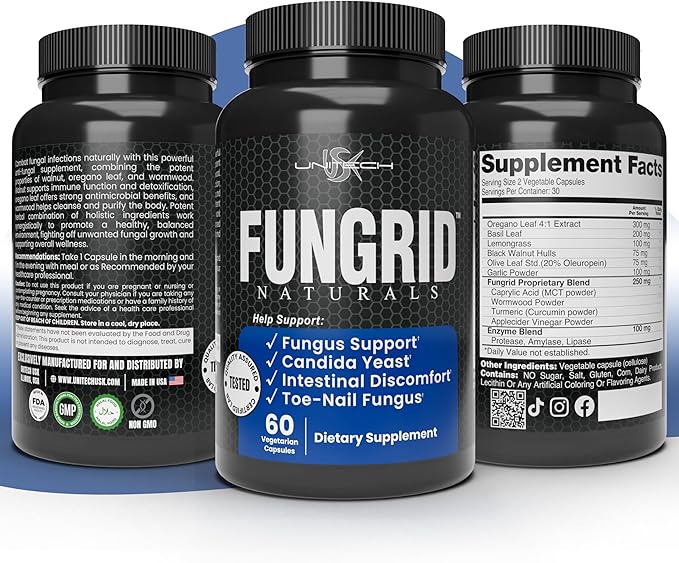 USK Unitech Fungrid Naturals | Fungus Support Supplement | Candida Supports Intestinal Health &amp Toe Nails Health | Herbal Blend with Walnut Oregano Leaf &amp Wormwood | 60 Vegetarian Capsules
