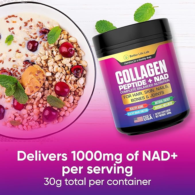 Hydrolyzed Collagen Peptides with NAD – Supports Hair Skin Nails Joints &amp Bones – Type I &amp III Collagen – Grass-Fed Unflavored Powder