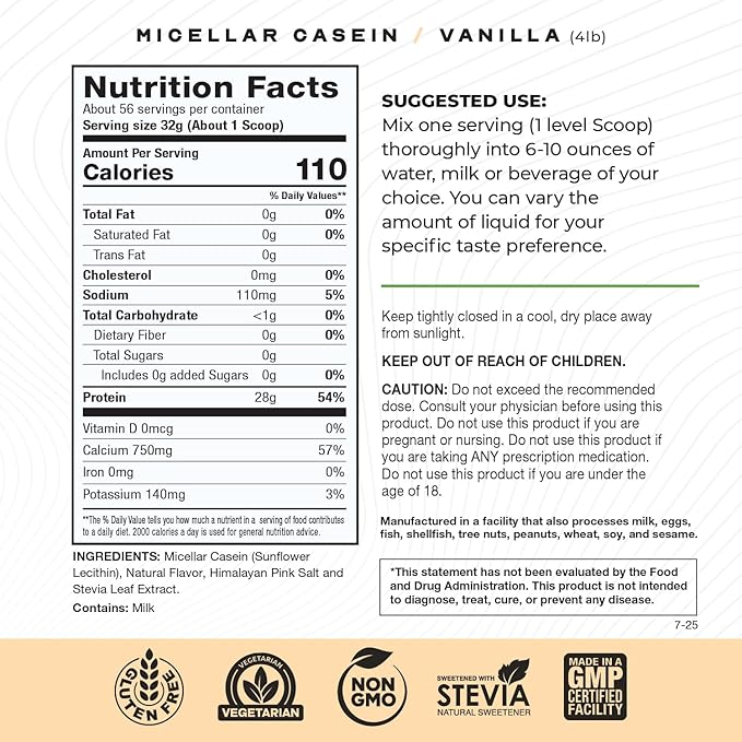 Muscle Feast Grass Fed Micellar Casein Protein Powder Pasture Raised &amp Hormone Free Slow Digesting Casein Protein - Supports Overnight Muscle Recovery Gluten Free Protein Powder - Vanilla 4lb