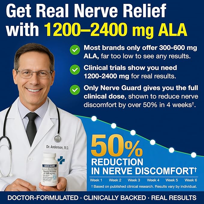 Nerve Health with 1200 mg Alpha Lipoic Acid – 7 Essential Nutrients to Support Feet Hands Toes – 1200mg ALA Vitamins B12 B6 &amp B1 Magnesium Turmeric – 30 Capsules