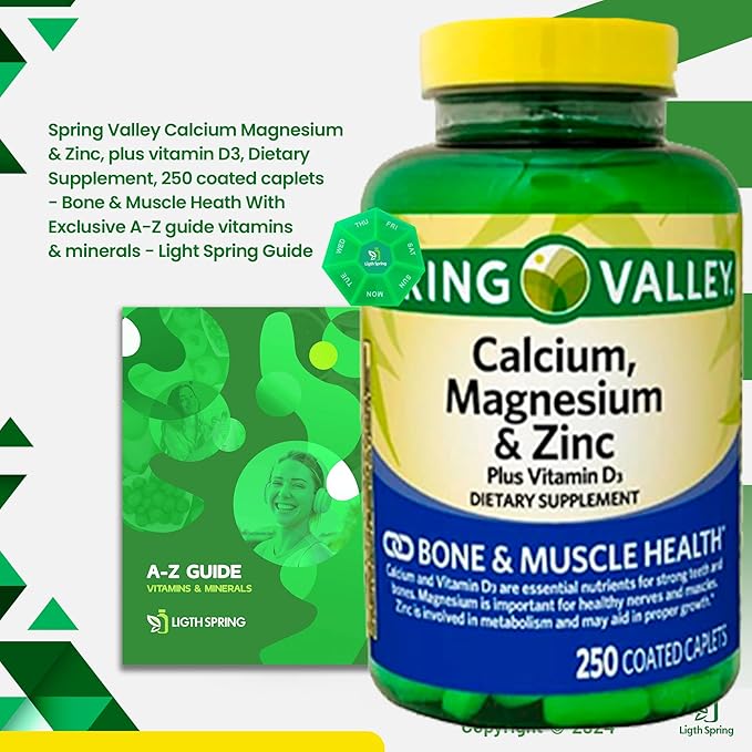 Calcium Magnesium Zinc &amp Vitamin D3 Dietary Supplement 250 Caplets (2 Pack) with Bundle Exclusive Better Ligth&ampSpring Guide + Weekly Pill Organizer (4 Items)