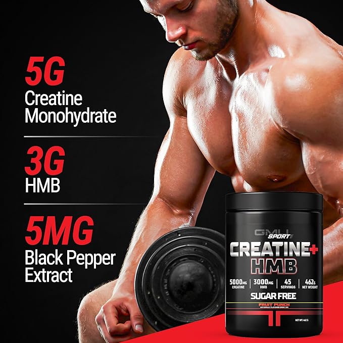 GMU SPORT - Creatine Monohydrate with HMB Powder - 45 Servings Creatine HMB Supplements Creatine with HMB for Increased Strength Muscle Growth &amp Enhanced Energy 3G HMB/Fruit Punch