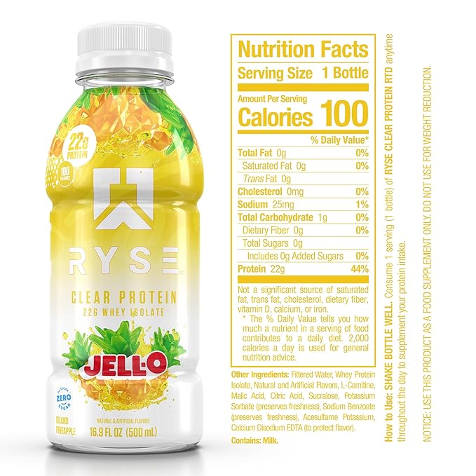 RYSE Clear Protein Drink - Jell-O Island Pineapple - 100 Calories 22g Whey Isolate Protein Shake Sugar-Free 0g Fat &amp Lactose-Free - Refreshing Ready-to-Drink Beverage - 16.9 fl oz Bottles (12-P