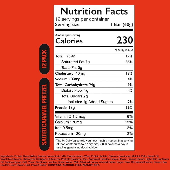 RAW Nutrition Protein Bars Salted Caramel Pretzel 18g Whey Protein Low Sugar Better-for-You Candy Bars Gluten Free Chocolate Protein Snack for Muscle Recovery &amp Gym Fuel 12 Count