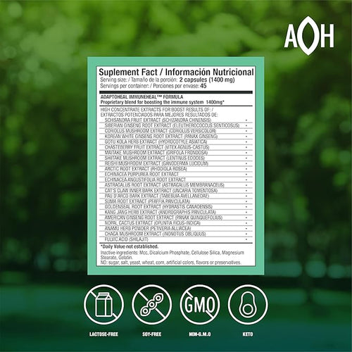 ADAPTOHEAL - Immuneheal – Adaptogen Immune System Booster Supplement with Schisandra Chinensis Ginseng and Mushroom Extract (90 Capsules)