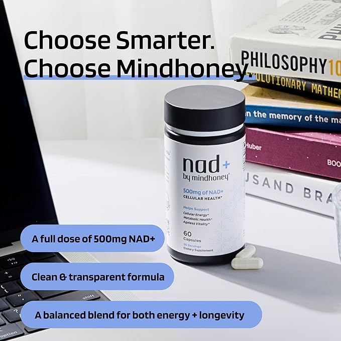 MINDHONEY | NAD+ Brain Supplement | 500mg NAD+ Premium Formula | Healthy Anti-Aging Cellular Energy Cognition Metabolic Health Heart + Muscle Support | Vegan Non-GMO Gluten-Free | 30 Servings