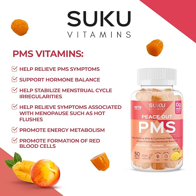 SUKU Vitamins - PMS Gummy Supplement with Chasteberry to Relieve PMS and Menopause Peach Mango Gummies (50 Count)