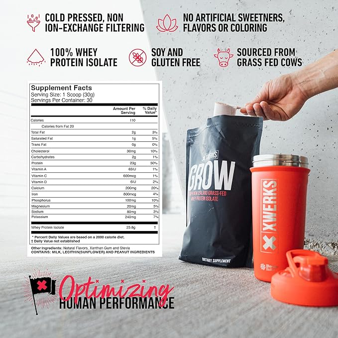 XWERKS Grow Whey Protein Powder 25g Pure Isolate Protein from New Zealand Grass Fed Cows Builds Strength and Speeds Recovery Paleo and Keto Friendly Soy and Gluten Free Peanut Butter 30 Servings