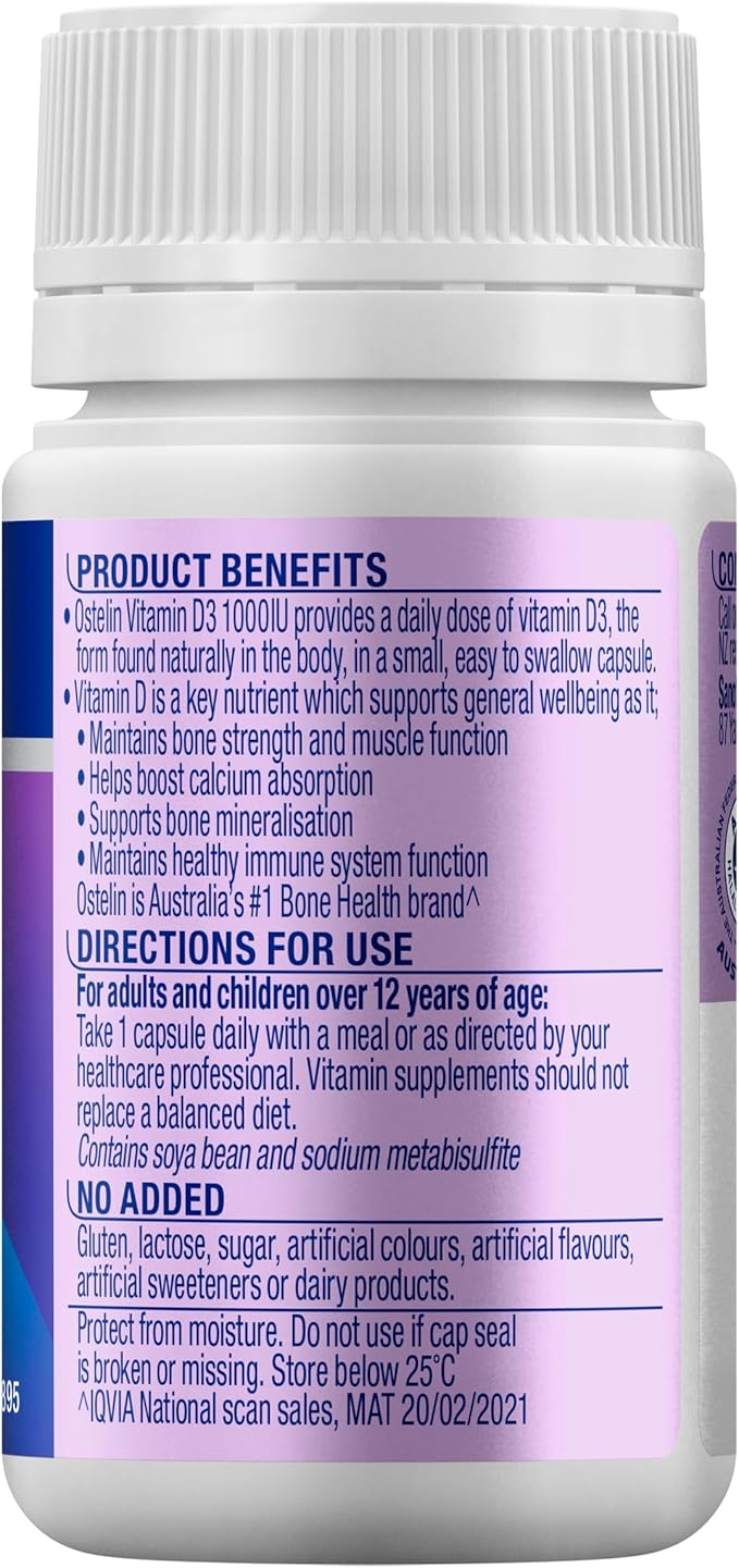 Vitamin D3 for Keeping Bones and Muscle Healthy and Strong - Boost Your Immune System - 1000IU - 1 Daily Supplement - 60 Capsules