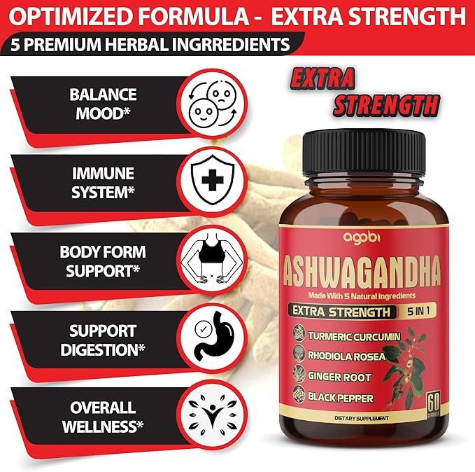 3 Packs 60 Capsules - Ashwagandha Supplement 5200mg - 5in1 with Ginger Turmeric Rhodiola Rosea &amp Black Pepper - Stamina &amp Body Health Support - 6-Month Supply