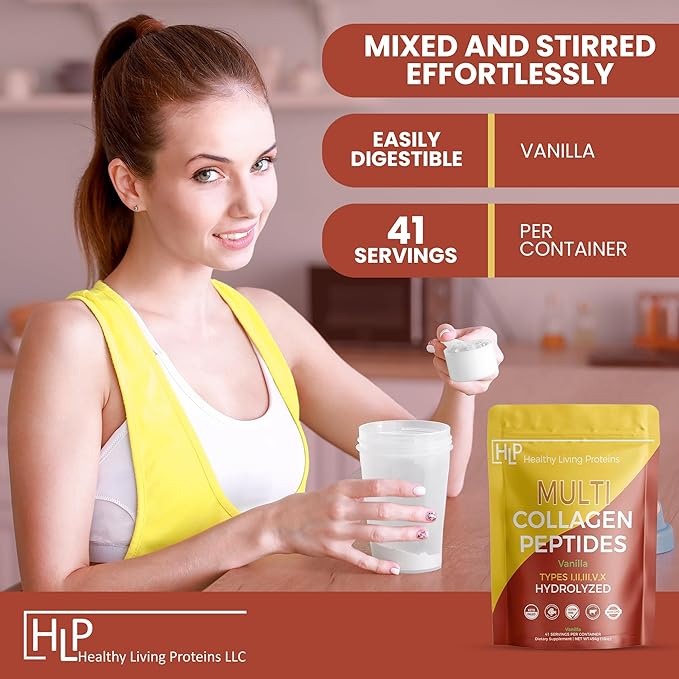 Healthy Living Proteins - Hydrolyzed Multi Collagen Peptides Powder Types I II III V &amp X - Grass Fed Bovine Wild Caught Marine Free Range Chicken - Gluten Free (Vanilla 16 oz)