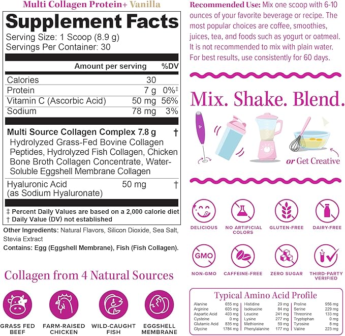 Multi Collagen Peptides Powder for Women - Hydrolyzed Collagen Powder for Women with Types I II III Plus Vitamin C &amp Hyaluronic Acid for Beautiful Hair Skin and Nails 30 Servings Vanilla Flavored