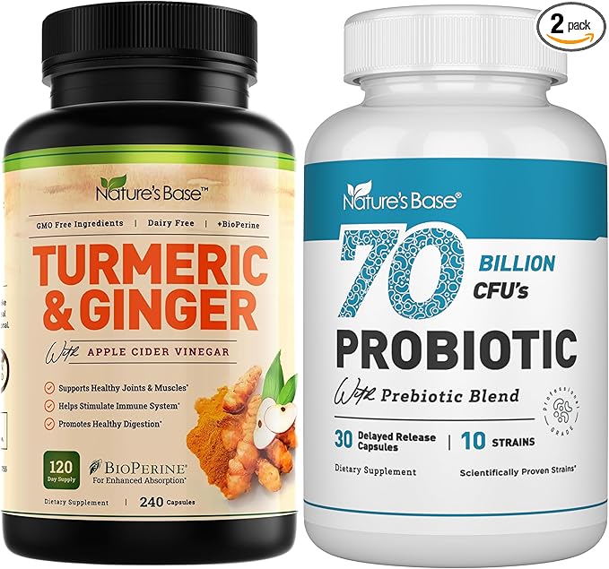 Nature's Base Turmeric &amp Ginger 240 ct + Probiotics 70 Billion CFU 30 c