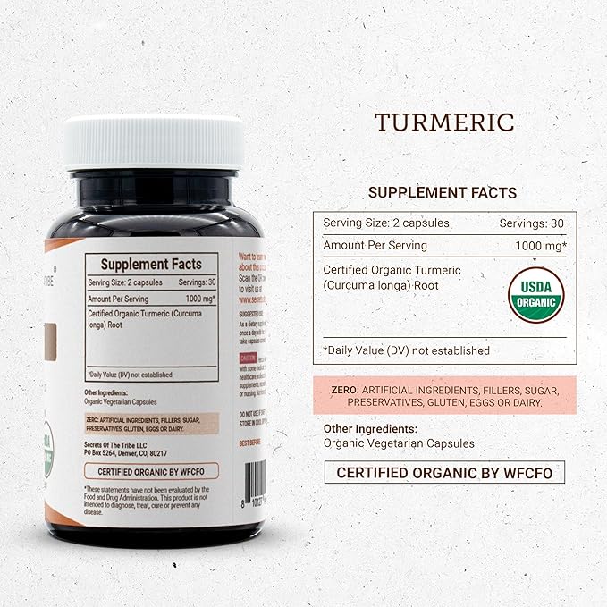 Turmeric USDA Organic 60 Capsules | Made with Organic Vegetarian Capsules and Organic Turmeric (Curcuma Longa) Dried Root (60 Capsules)