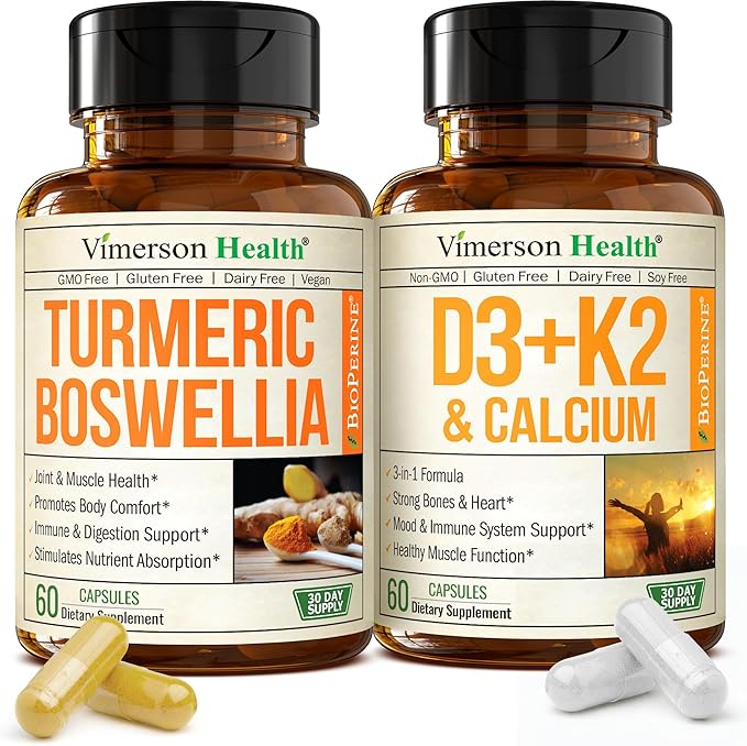 Boswellia Turmeric Curcumin Supplement + Vitamin D3 K2 5000 IU Bundle – Supports Joint Health &amp Immune Bone Heart Health – with Ginger Root Organic Turmeric Powder Vitamin D K2 Calcium