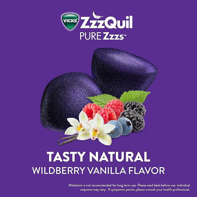 ZzzQuil Pure Zzzs Melatonin Sleep Aid Gummies with Lavender Valerian Root and Chamomile Natural Wildberry Vanilla Flavor Non-Habit Forming Drug-Free 24 Gummies (Pack of 4)