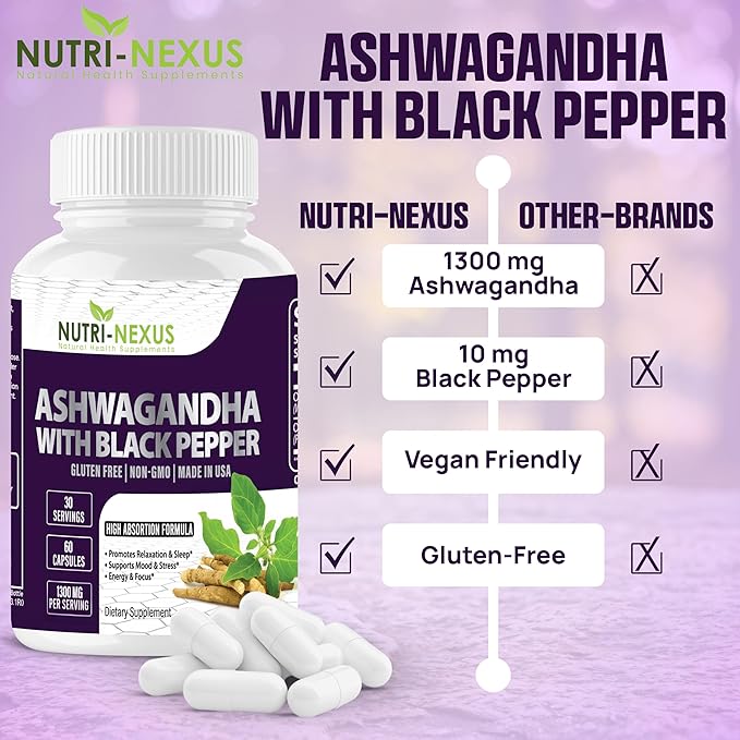 Ashwagandha with Black Pepper – 1300mg Organic Root Extract | Sleep Aid Cortisol &amp Hormone Support for Women &amp Men | Vegan Non-GMO Gluten-Free | 60 Capsules – Made in USA