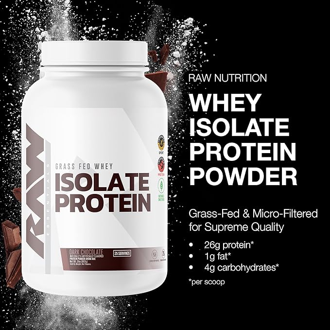 RAW Whey Isolate Protein Powder Dark Chocolate - 100% Grass-Fed Sports Nutrition Whey Protein Powder for Muscle Growth &amp Recovery - Low-Fat Low Carb Naturally Flavored &amp Sweetened - 25 Serv